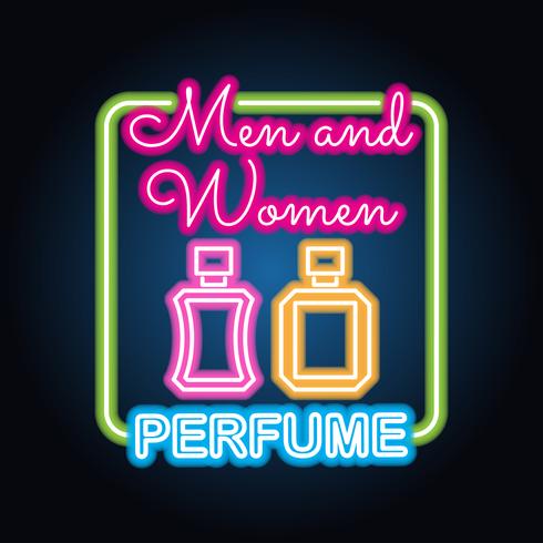 Perfume de perfume para hombre y mujer con efecto letrero de neón. vector