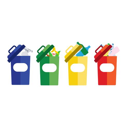 colored trash cans blue red with metal, paper, plastic, glass and organic waste suitable for reuse reduce recycle. waste sorting garbage vector