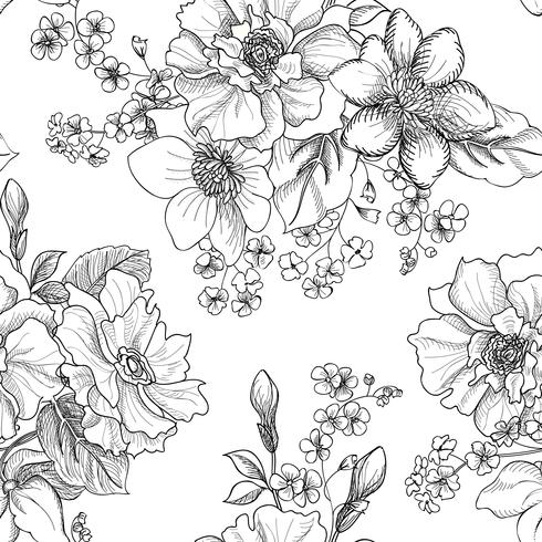 Floral engraved seamless pattern. Flower garden background vector