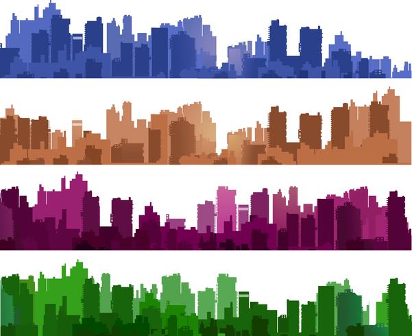 Siluetas de ciudad de diferentes colores sobre blanco. vector