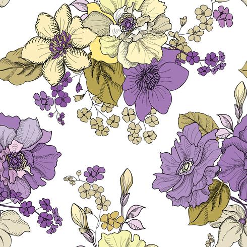 Floral engraved seamless pattern. Flower garden background vector