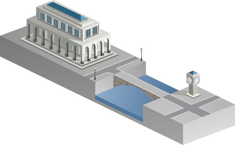 Edificio isométrico con un río. vector