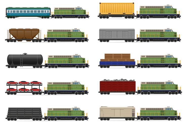 conjunto de iconos tren ferroviario con locomotora y vagones vector ilustración