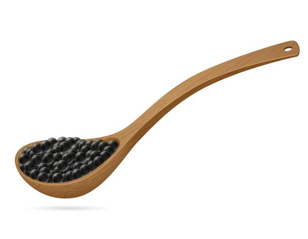 Caviar negro en la ilustración de vector de cuchara de madera