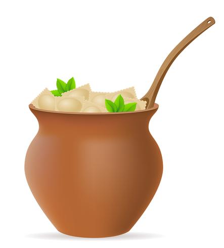 Ravioles de masa hervida de masa con relleno y verduras en una olla de barro, ilustración vectorial vector