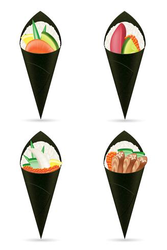 conjunto sushi mano rollos vector illustration