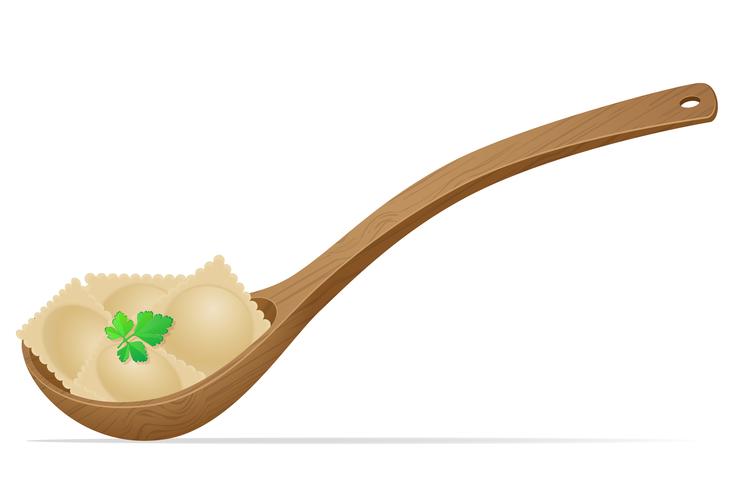dumplings ravioli of dough with a filling and greens in the spoon vector illustration