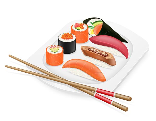 Conjunto diverso de sushi con palillos en una ilustración de vector de placa