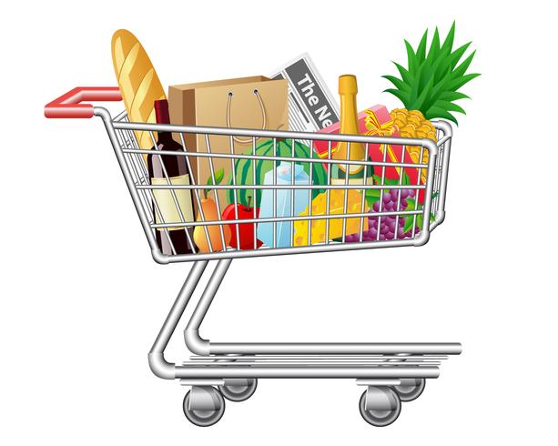 Carrito de compras con compras y alimentos. vector