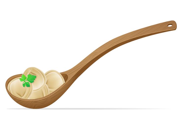 Pelmeni de bolas de masa hervida de masa con relleno y verdes en la ilustración de vector de cuchara