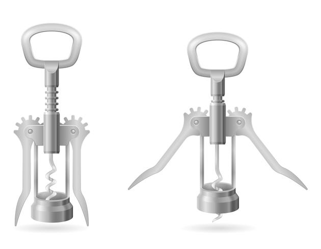 Sacacorchos de metal para abrir un corcho en una ilustración de vector de botella de vino