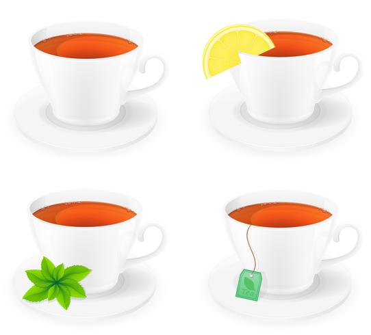 Taza de porcelana de té con limón y menta vista lateral vector ilustración