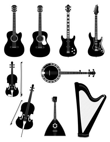 Instrumentos musicales de cuerda negro contorno silueta stock vector ilustración