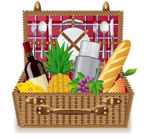 Cesta para un picnic con vajilla y alimentos. vector