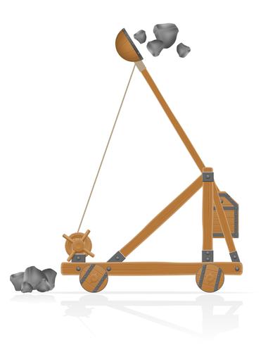 Catapulta de madera vieja disparando piedras ilustración vectorial vector