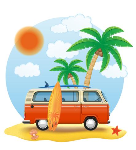 minivan retro con una tabla de surf en la ilustración de vector de playa