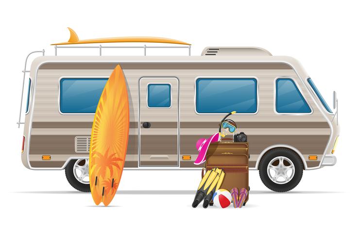 Car van caravana autocaravana casa móvil con accesorios de playa vector illustration