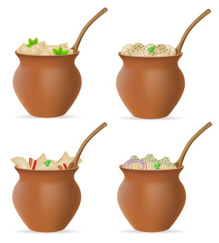 bolas de masa hervida de masa con relleno y verduras en olla de barro conjunto de iconos vector ilustración