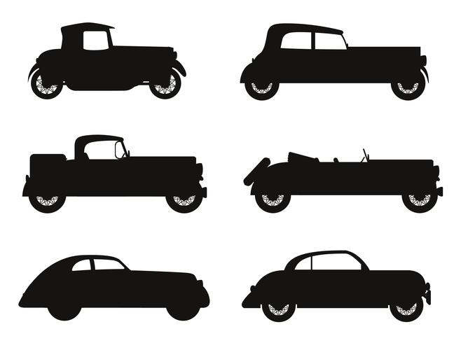 conjunto de iconos viejo coche retro negro silueta vector ilustración