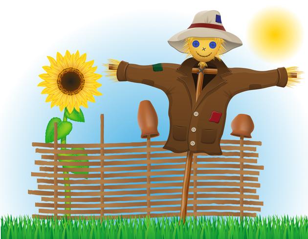 Paja de espantapájaros en abrigo y sombrero con valla y girasoles. vector