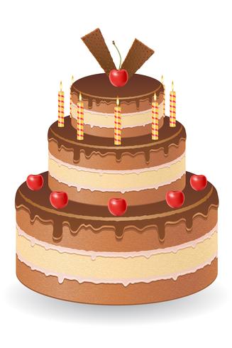 Pastel de chocolate con cerezas y velas ardientes ilustración vectorial vector