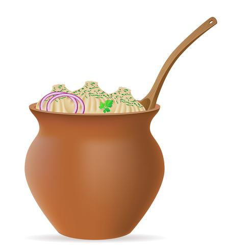 dumplings khinkali of dough with a filling and greens in clay pot vector illustration