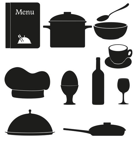 establecer iconos de cocina para restaurante cocina vector ilustración negro silueta