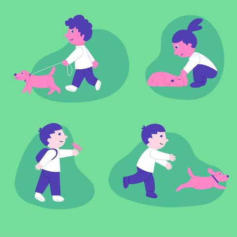 Conjunto de caracteres de niños jugando con mascota vector