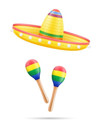 sombrero nacional mexicano tocado y maracas vector illustration