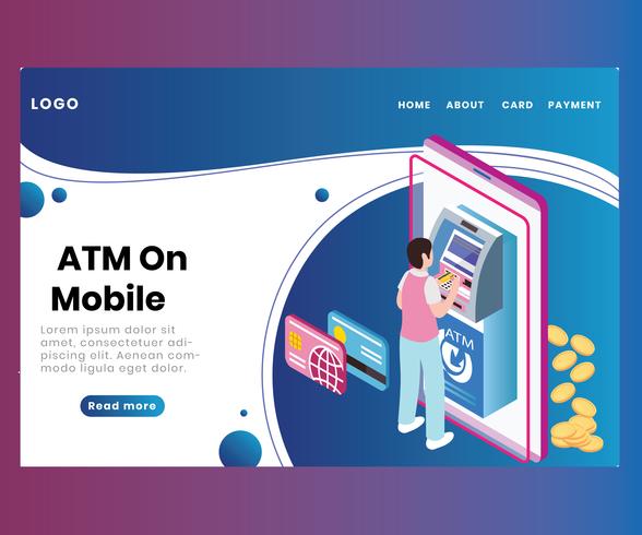 ATM on mobile Technology, Where a Man is transferring Money Isometric Artwork Concept vector