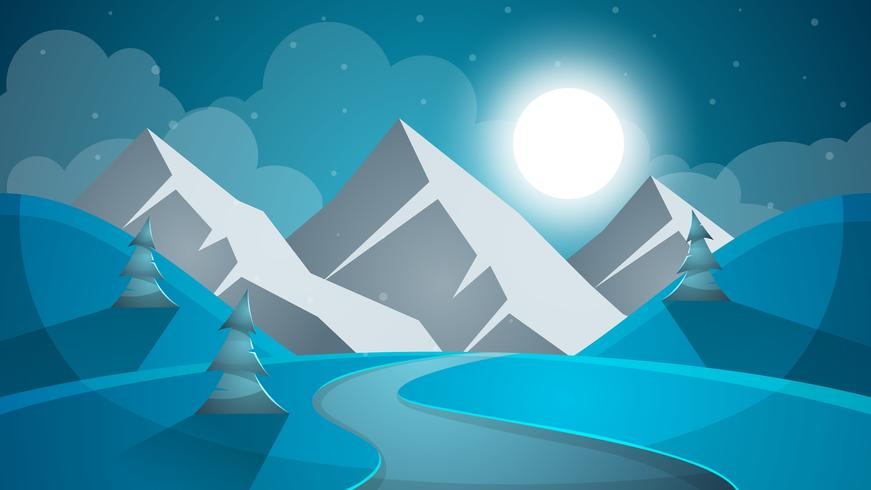 Cartoon snow landscape. Sun, snow, fir, mountine illustration. V vector