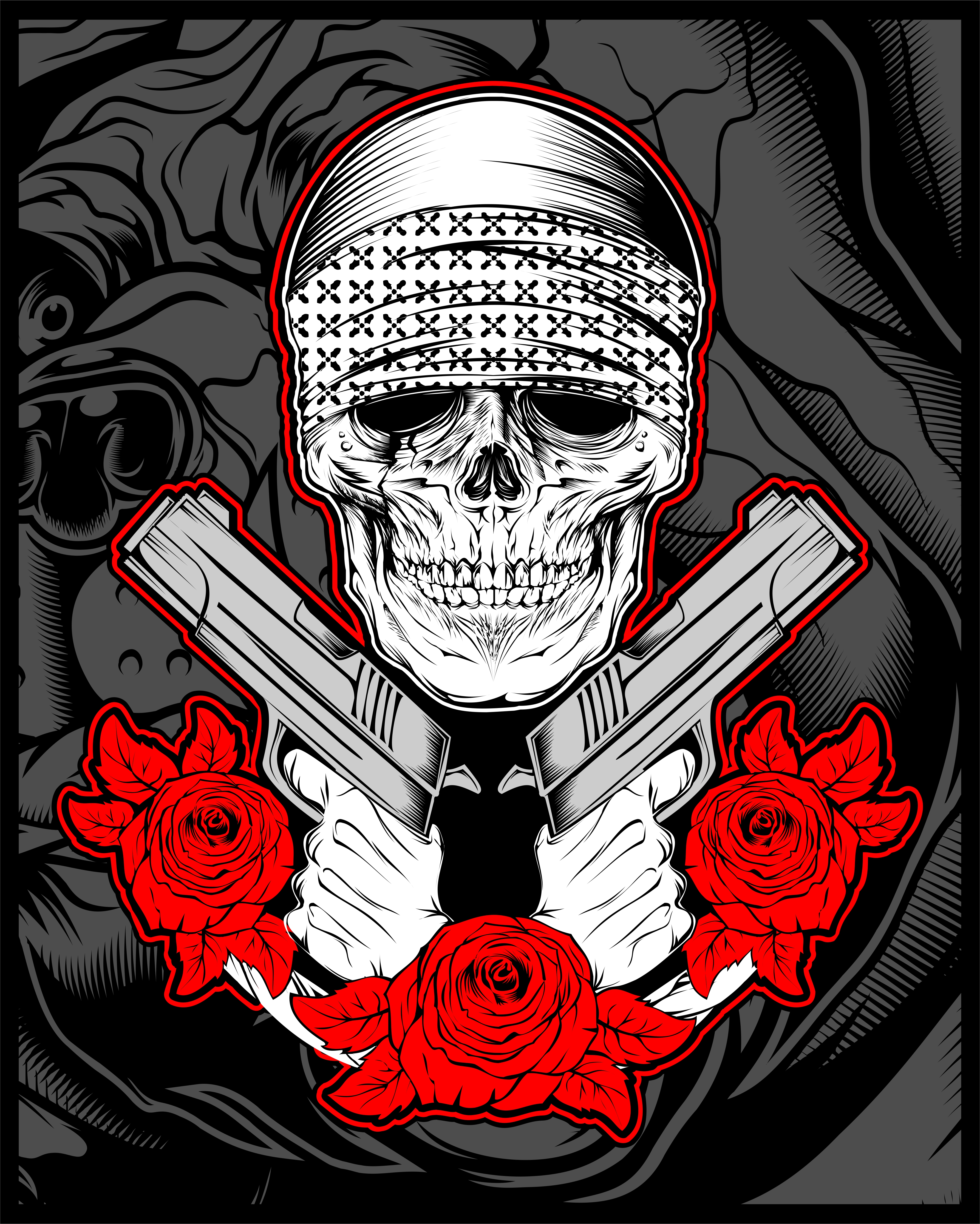 skull mafia gengster wearing bandana with gun an roses 