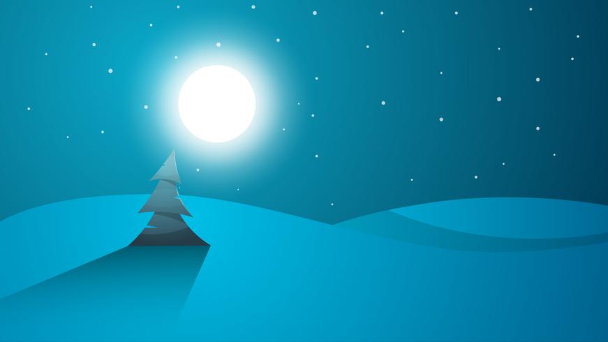 Paisaje de dibujos animados de noche de viaje. Árbol, montaña, cometa, estrella, moo vector