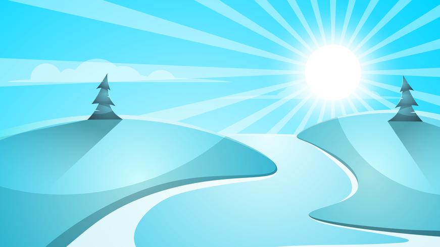 Paisaje de nieve de dibujos animados. Sol, nieve, abeto, ilustración mountine. vector