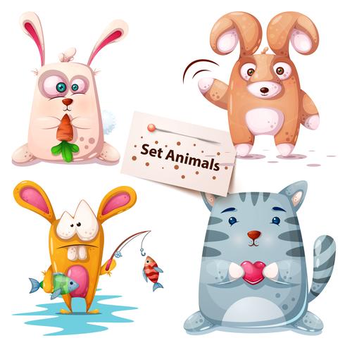 Rabbit, fish, cat - set animals. vector