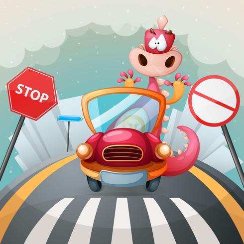 Cute dino in the car. Cute illustration. vector
