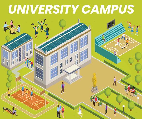 Concepto de ilustraciones isométricas del campus universitario vector