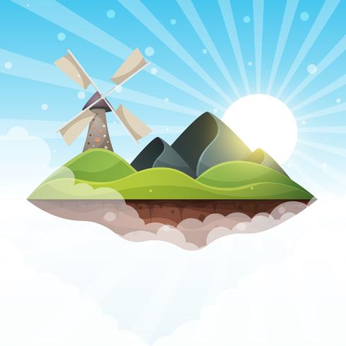 Mill, island, mountain, sun, hill - illustration. vector