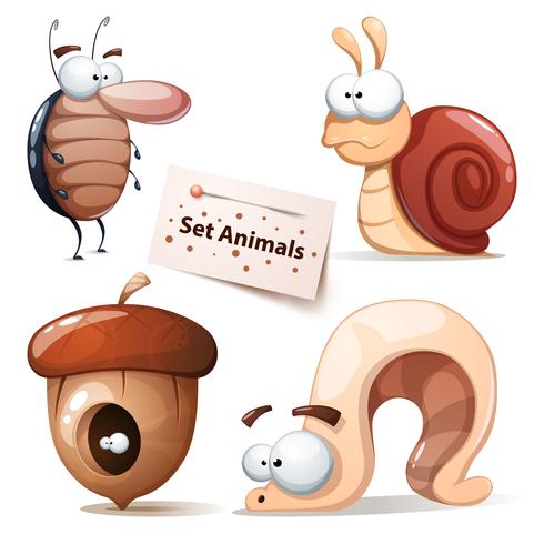 Cockroach, snail, nuts, worm - animals set vector