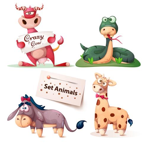 Vaca, serpiente, burro, jirafa - set de animales. vector