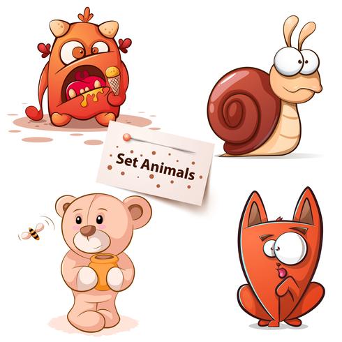 Monstruo, caracol, oso, gato - personajes de dibujos animados. vector