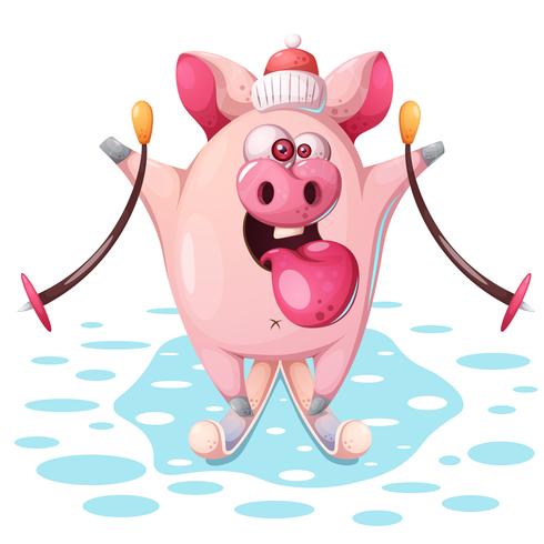 Cute pink pig with ski. vector