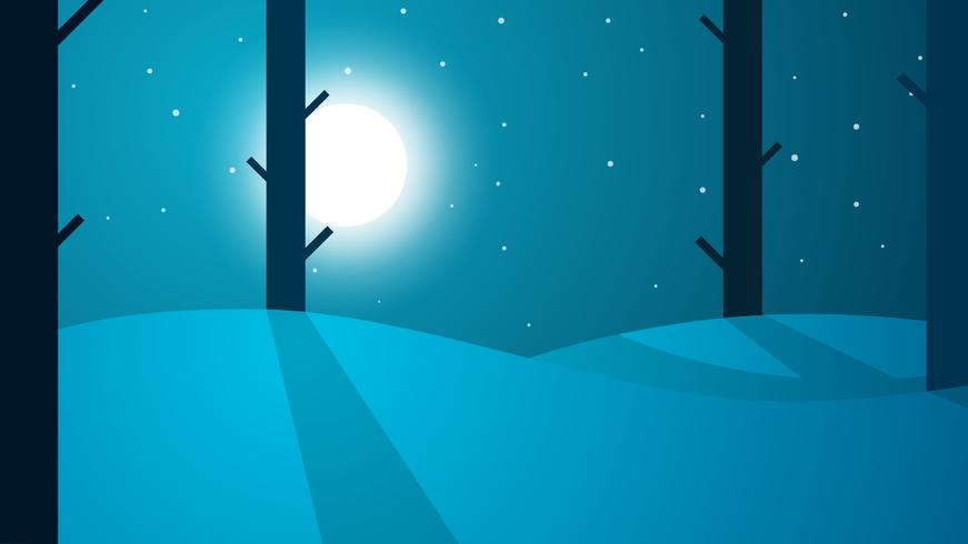 Paisaje de dibujos animados de noche de viaje. Árbol, montaña, estrella, luna, camino. vector