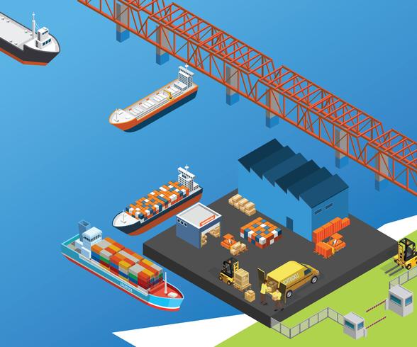 Ships on the Dockyard Isometric Artwork Concept vector