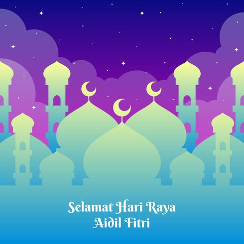 Hari Raya Greetings Template With Mosque Background vector