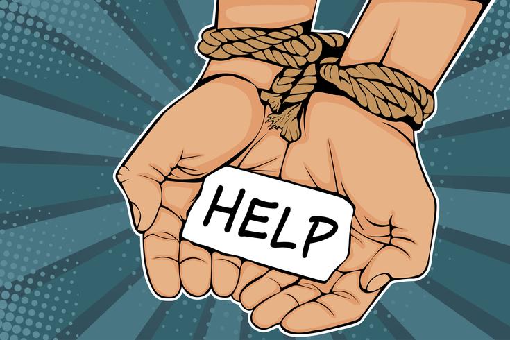 Male hands tied with rope and description Help. The concept of slavery or prisoner. Colorful vector illustration in pop art retro comic style