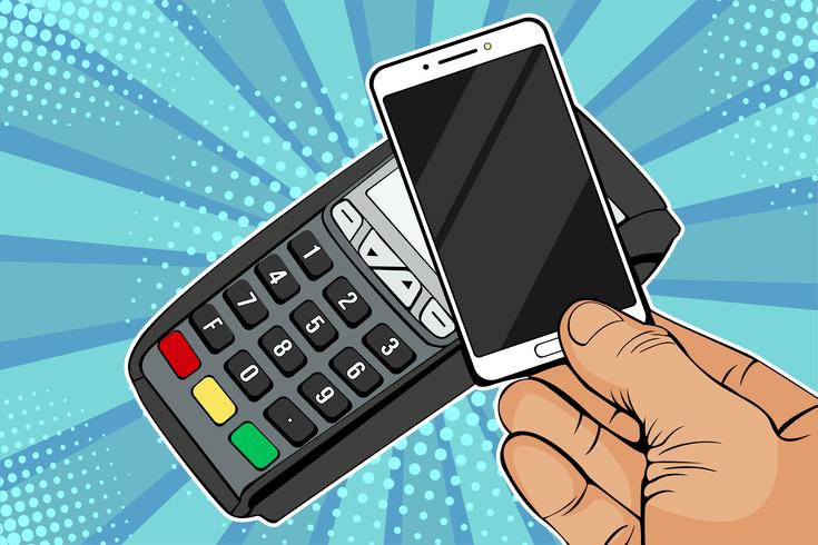 POS terminal, Payment Machine with mobile phone. Contactless payment with NFC technology. Colorful vector illustration in pop art retro comic style