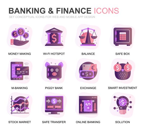 Moderno conjunto de banca y finanzas iconos planos degradados para el sitio web y aplicaciones móviles. Contiene iconos como saldo, banca electrónica, subasta, crecimiento financiero. Icono plano de color conceptual. Pack de pictogramas vectoriales. vector