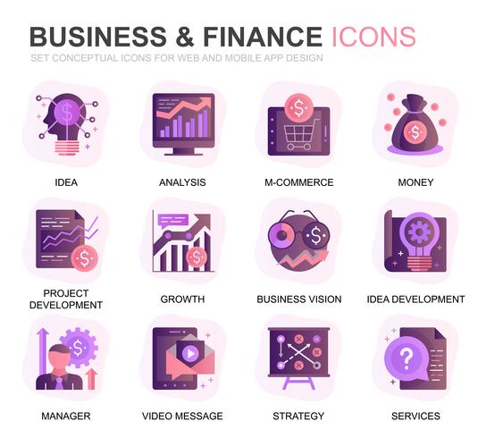 Modern Set Business and Finance Gradient Flat Icons for Website and Mobile Apps. Contains such Icons as Analysis, Money, Accounting, Strategy, Bank. Conceptual color flat icon. Vector pictogram pack.