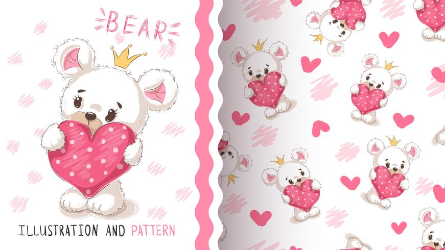 Bear with heart - seamless pattern. vector